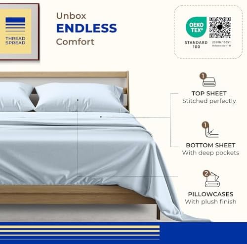 THREAD SPREAD Queen Sheet Set, Luxury 1000 Series Paradise Collection 100% Egyptian Cotton Bed Sheets Queen Size (4 PC, Light Blue), Silky Soft, Cooling, Sateen, 16" Deep Pocket Hotel Sheet Set
