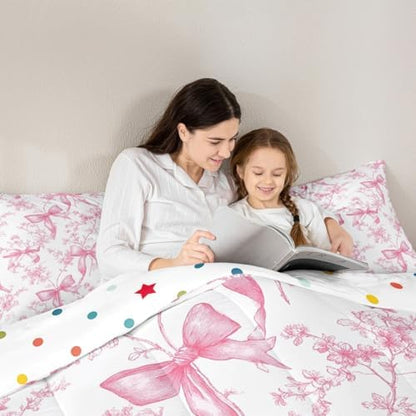 jejeloiu Bowknot Kids Comforter Set King Size Rose Bedding Set Pink Bow Duvet Quilt for Kids Boys Girls Bedroom Rose Floral Flower Decor Microfiber Ultra Soft Breathable