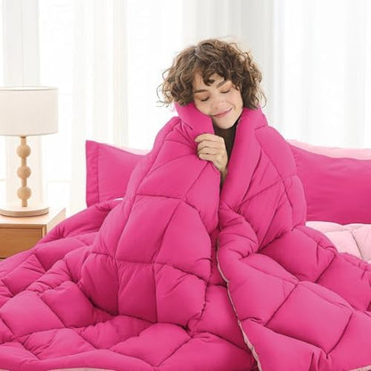 MUXHOMO 7 Pieces King Comforter Set, Reversible Bed in a Bag King Size, All Season Bedding Set with Comforter, Flat Sheet, Fitted Sheet, Pillowcases & Shams, Hot Pink & Baby Pink