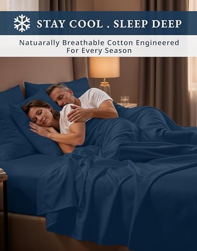 LANE LINEN King Bed Sheets 100% Egyptian Cotton Sateen - Navy Swiss Dot