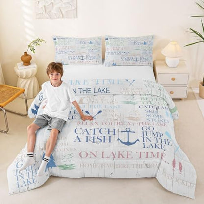 Nautical Anchor Bedding Set Full Size,Lake House Decor Comforter Set 3pcs for Kids Teens Adult Room Decor,Camping Quilt Ocean Rustic Farmhouse Style Duvet Insert with 2 Pillowcases,White Blue