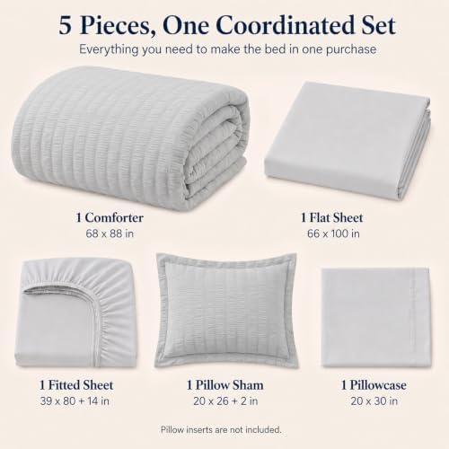 CozyLux Twin XL Comforter Set, 5 Pieces Light Grey Seersucker Bed in a Bag