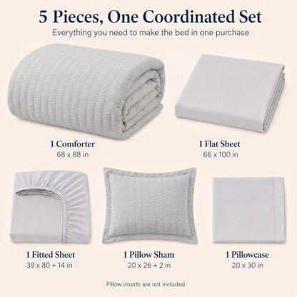 CozyLux Twin XL Comforter Set, 5 Pieces Light Grey Seersucker Bed in a Bag
