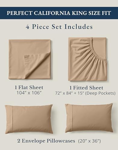 LANE LINEN Cal King Sheet Set 100% Organic Cotton Soft 4pc Percale - Taupe