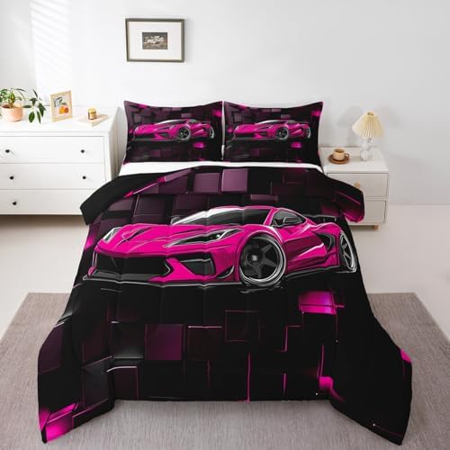 Erosebridal Speed Race Car Comforter Set Twin Hot Pink Sports Car Bedding Set Boys Extreme Sports Down Comforter Black and Hot Pink Quilt Fashion Geometric Duvet Insert 2Pcs Bedding Decor