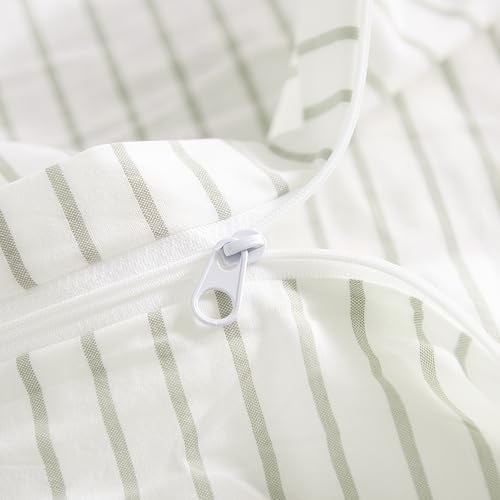 NEXHOME PRO Striped Duvet Cover Full Size,100% Washed Cotton Bedding Set,Textured Linen Feel,Breathable,Organic,3 Piece(Green Stripes 80x90)