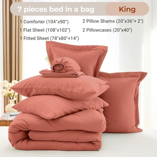 MUXHOMO 7 Pieces King Comforter Set, Soft Bed in a Bag King Size, All Season Bedding Set with Comforter, Flat Sheet, Fitted Sheet, Pillowcases & Shams, Coral Red
