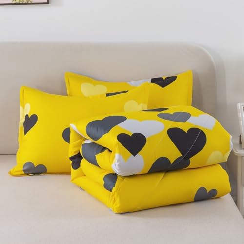 Caressma Farmhouse Yellow Queen Size Comforter Set 3 Pieces Bedding Set with Black Heart All Season Fluffy Soft Lightweight(1 Comforter & 2 Pillowshams)