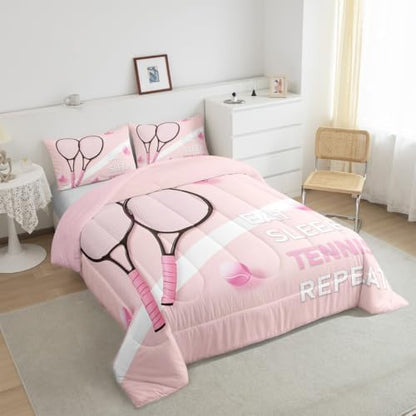 Castle Fairy Tennis Comforter Set Twin Size Fashion Sports Ball Game Bedding Set Bedroom Decor Girly Pink Style Quilt Set for Kids Boys Girls Tennis Racket Duvet Insert 2Pcs