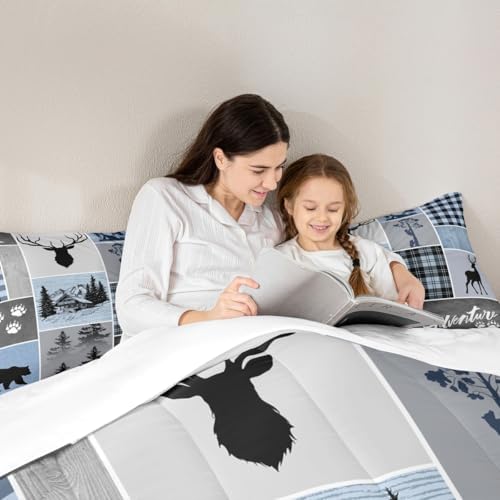 Manfei Deer Antler Comforter Set King Size,Bear Paws Rustic Farmhouse Xmas Bedding Set for Kids Boys Girls Adults Room Decor,Plaids Patchwork Adventure Down Comforter,Blue Duvet Insert,2 Pillowcases