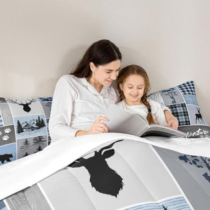 Manfei Deer Antler Comforter Set King Size,Bear Paws Rustic Farmhouse Xmas Bedding Set for Kids Boys Girls Adults Room Decor,Plaids Patchwork Adventure Down Comforter,Blue Duvet Insert,2 Pillowcases