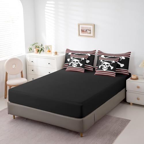 Erosebridal 7Pcs Pirate Comforter Set Full Size,Nautical Skull Bedding Set for Kids Boys Teens Youth,Red Black White Stripes Bed in A Bag,Ocean Adventure Theme Sheet Set with Comforter