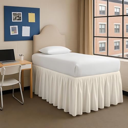 Dorm Bed Skirt Twin XL 42 Inch Drop, Easy to Install Extra Long Wrap Around Elastic Dust Ruffle, Bedskirt Solid Silky Fabric Machine Washable, Ruffled College Dorm Room Ivory