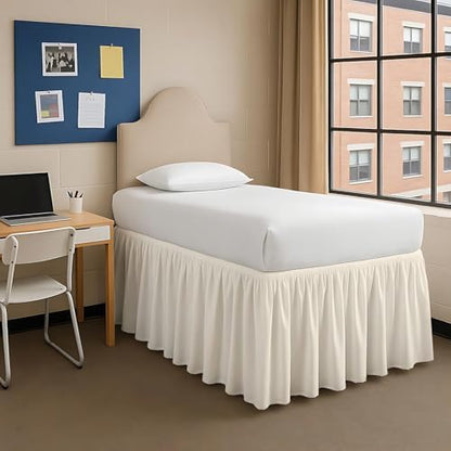 Dorm Bed Skirt Twin XL 32 Inch Drop, Easy to Install Extra Long Wrap Around Elastic Dust Ruffle, Bedskirt Solid Silky Fabric Machine Washable, Ruffled College Dorm Room Ivory