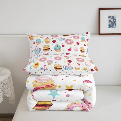 Homewish Cute Donuts Comforter Set,Ice Cream Bedding Set for Kids Girls Boys,Teens Adults Cherry and Cake Comforter,Sweet Theme Quilted Duvet Set Bedroom Collection Twin Size 2Pcs