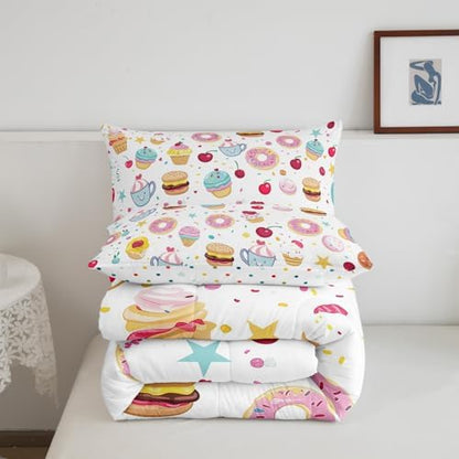 Homewish Cute Donuts Comforter Set,Ice Cream Bedding Set for Kids Girls Boys,Teens Adults Cherry and Cake Comforter,Sweet Theme Quilted Duvet Set Bedroom Collection Twin Size 2Pcs