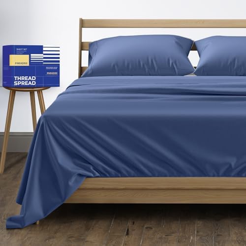 THREAD SPREAD Egyptian Cotton Sheets King Size - 1000 Series High Thread Count Cotton King Size Sheets Set (4 PC, Deep Blue), 16" Snug Fit Deep Pocket, Sateen Weave Ultra-Soft Hotel Luxury Sheet