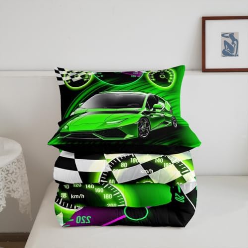 Feelyou Green Racing Car Bedding Set for Kids Boys Girls King Size Extreme Sports Comforter Set Teen Adult Ultra Soft Speed Sports Car Comforter Cool Car Duvet Quilt Bedroom Decor Race Car Quilt
