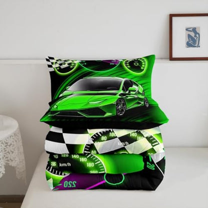 Feelyou Green Racing Car Bedding Set for Kids Boys Girls King Size Extreme Sports Comforter Set Teen Adult Ultra Soft Speed Sports Car Comforter Cool Car Duvet Quilt Bedroom Decor Race Car Quilt