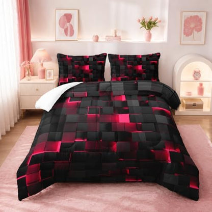 Nttopship Geometric Pink Black Comforter Set,Light Honeycomb 3 Piece Bedding Set Twin Size for Teen Boys,Modern Quilt Set Geometry Decor,Microfiber Lightweight 1 Comforter 2 Pillowcases All Season