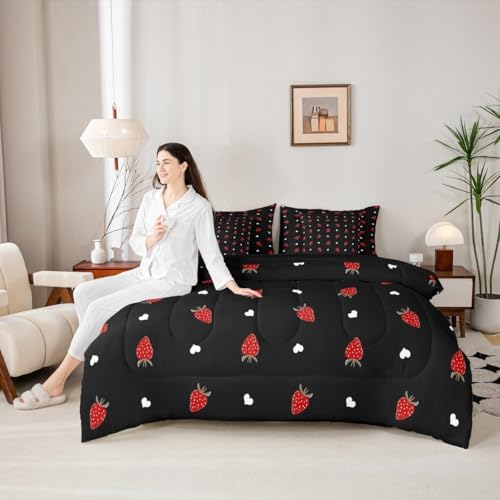 Erosebridal Kawaii Strawberry King Size Comforter Set, Cute Fruits Theme Sweet 7-Piece Bed in A Bag, Red Black Sheets and Pillowcases, Heart Pattern Bedding Set Room Decor