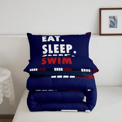 Homewish Swim Lover Comforter Set Twin Size,Kids Swimming Bedding Sets 2Pcs for Teens Boys Men Adult Room Decor,Swimming Sports Quilted Duvet Chic Navy Blue Red Lines Down Comforter,1 Pillowcase