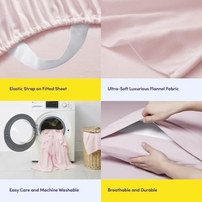 Sweet Home Collection Flannel Sheet Set, Pale Pink Queen, Deep Pocket Soft Brushed Microfiber All-Season Bedding with Fitted Sheet, Flat Sheet & Pillowcase(s)