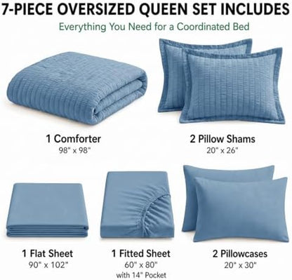 HIMEET Oversized Queen Comforter Set, 7-Piece Seersucker, Grayish Blue