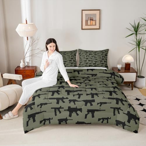 Erosebridal Machine Guns Comforter Set for Boys Youth Teens Men King Size,Military Theme Bedding Set,Army Rifle Pattern Bedding Comforter,Soft Luxury Quilted Duvet Set Bedroom Decor Army Green 3 Pcs