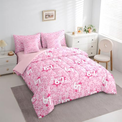 Erosebridal Pink Leopard 7 Piece Bedding Set Twin Size for Girls 67 Number Print Kids Comforter Set Cute Girly Six Seven Bed in A Bag African Cheetah Print Trendy Fashion Bed Set