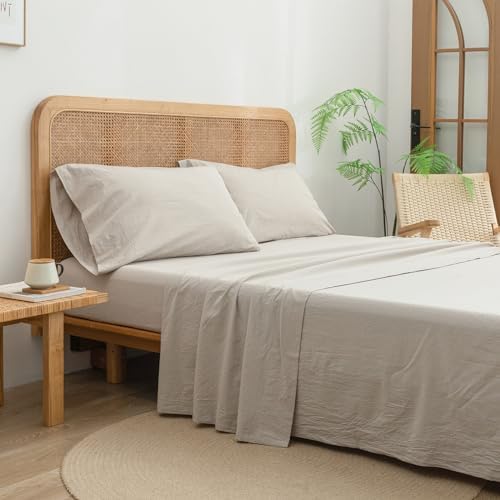 BESTOUCH Twin Washed Cotton Linen Feel Sheet Set 3pc Solid Linen Grey