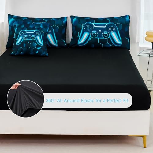 URBONUR 6 Pieces Gamer Comforter Set Twin Size for Teen Boys Blue Teal
