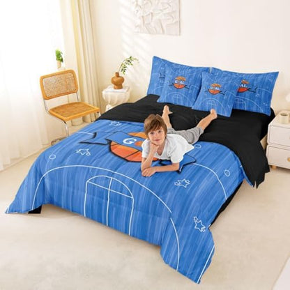Erosebridal Sports Basketbal Theme Navy Blue Gaming Pattern 7 Piece Bedding Set Twin | Boys Kids Ball Games Boys Comforter Set with Sheets Playground Bed in A Bag Geometric Bed Sets