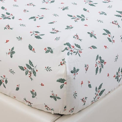 DAUAOTO Queen Size Cotton Sheets Set Printed Christmas Bedding, Up to 14" Deep Mattress, Bedlinen Sets Holly Berries Pattern