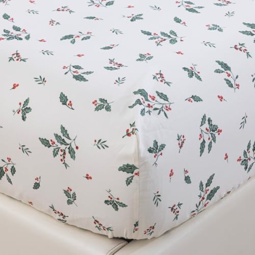 DAUAOTO Split King Cotton Sheets Set Printed Bedding Sets, Bedlinen for Mattress Up to 14" Deep, Holiday Bedsheets Holly Berries Pattern