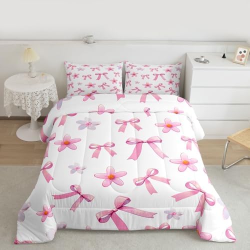 jejeloiu Bow Comforter Set Kawaii Bowknot Bedding Set Twin Size 2 Pcs