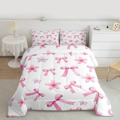 jejeloiu Pink Bow Comforter Set All Season Kawaii Bowknot Bedding Set with 2 Pillow Cases Dreamy Princess Style Microfiber Kids King Bedclothes Cute Bow Bedroom Decor Duvet Quilt Breathable Soft