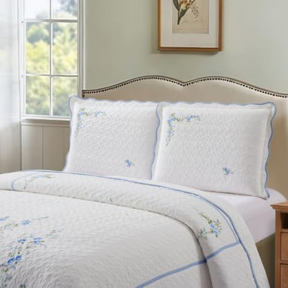 100% Cotton Full Size Quilt Set – 3-Piece Lightweight Bedspread Coverlet with Embroidery, All-Season Bohemian Bedding Set for Master Bedroom Guest Room White with Blue Embroidery