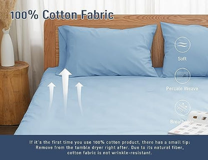 Pillow Cases 100% Cotton Percale King Size Set of 4, Light Blue