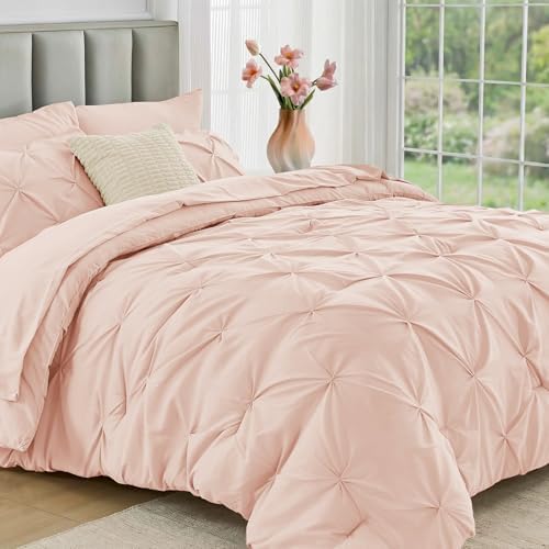JOLLYVOGUE Queen Comforter Set 7 Pieces - Bed in a Bag Queen for All Season, Pintuck Bedding Comforter Sets with Comforter, Flat Sheet, Fitted Sheet and Pillowcases & Shams, Blush Pink