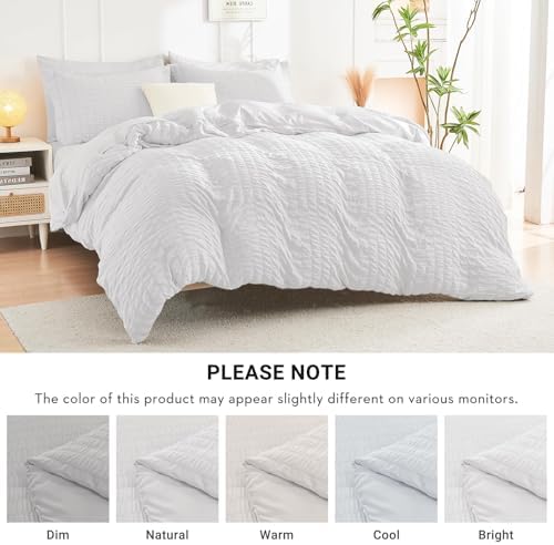 HYMOKEGE White King Size Comforter Set Seersucker 7 Pieces, All Season Luxury Bed in a Bag for Bedroom, Bedding Set with Comforters, Sheets, Pillowcases & Shams
