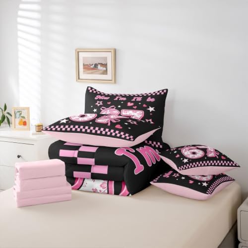 Erosebridal Cute Coquette Bow King Bedding Set 7 Piece for Kids Girls Cartoon 67 Bowknot Comforter Set with Sheets Pink Checkered Plaid Number Print Bed in A Bag Girly Kawaii Six Seven Bed Set