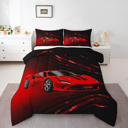 Feelyou Boys Red Race Car Bedding Set King Size Speed Sports Car Comforter Set for Kids Teens Adult Fast and Furious Duvet Set Red Ombre Quilt Set 3Pcs