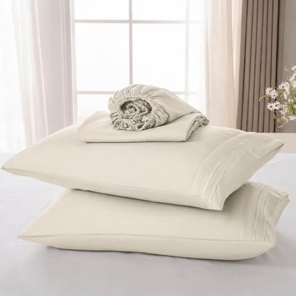 ROSE&RISY Light Beige Queen Sheet Set, 4 Pcs Soft Bedding Queen Sheet Set, Breathable and Cooling Sheet Bed Set, Includes 1 Fitted Sheet, 1 Flat Sheet, 2 Pillowcases - Deep Pocket (Light Beige, Queen)