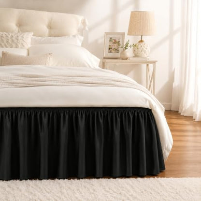 Black Bed Skirt Queen Size 12 Inch Drop, Elastic Wrap Around Bedskirt