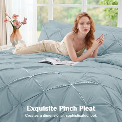 JOLLYVOGUE King Size Comforter Set 7 Pieces - Bed in a Bag King for All Season, Pintuck Bedding Comforter Sets with Comforter, Flat Sheet, Fitted Sheet and Pillowcases & Shams, Greyish Blue