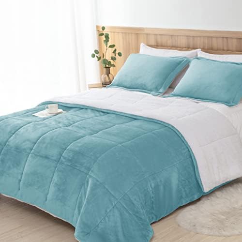 Sherpa Comforter Set King Size, Smoke Blue Bedding Set with Shams