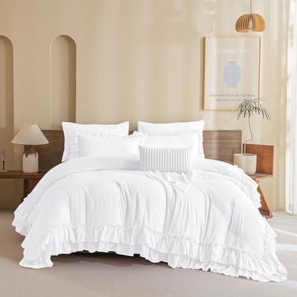 Masaca Ruffle Comforter Full Size,Farmhouse Shabby Boho Chic Bedding Sets Full,3PCS Vintage Rustic Soft Bright White Ruffled Bedding Comforter Set