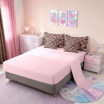Erosebridal Leopard Skin Queen Comforter Set with Sheets Pink Ribbon Bow 7 Piece Bedding Set Pink Lips Print Bed in a Bag, Girls Bows Decor Coquette Room Decor