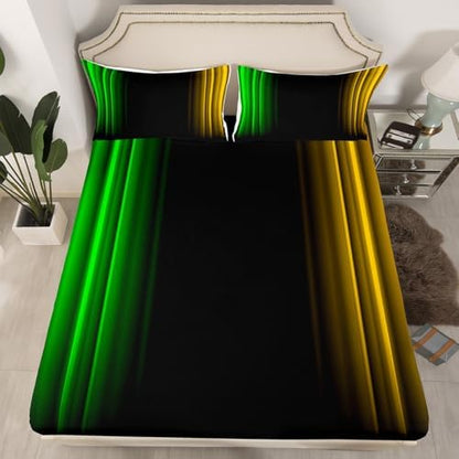 Feelyou Teens Abstract Ombre Decorations Bedding Set for Kids Women Green Yellow and Black Bed Sheets Set Geometric Modern Fitted Sheet Sets Room 4Pcs King Size